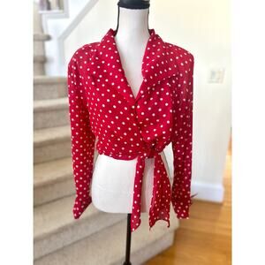 Vintage Y2K 90s Red Polka Dot Coquette Pin Up Tie Waist Wrap Long Sleeve Blouse